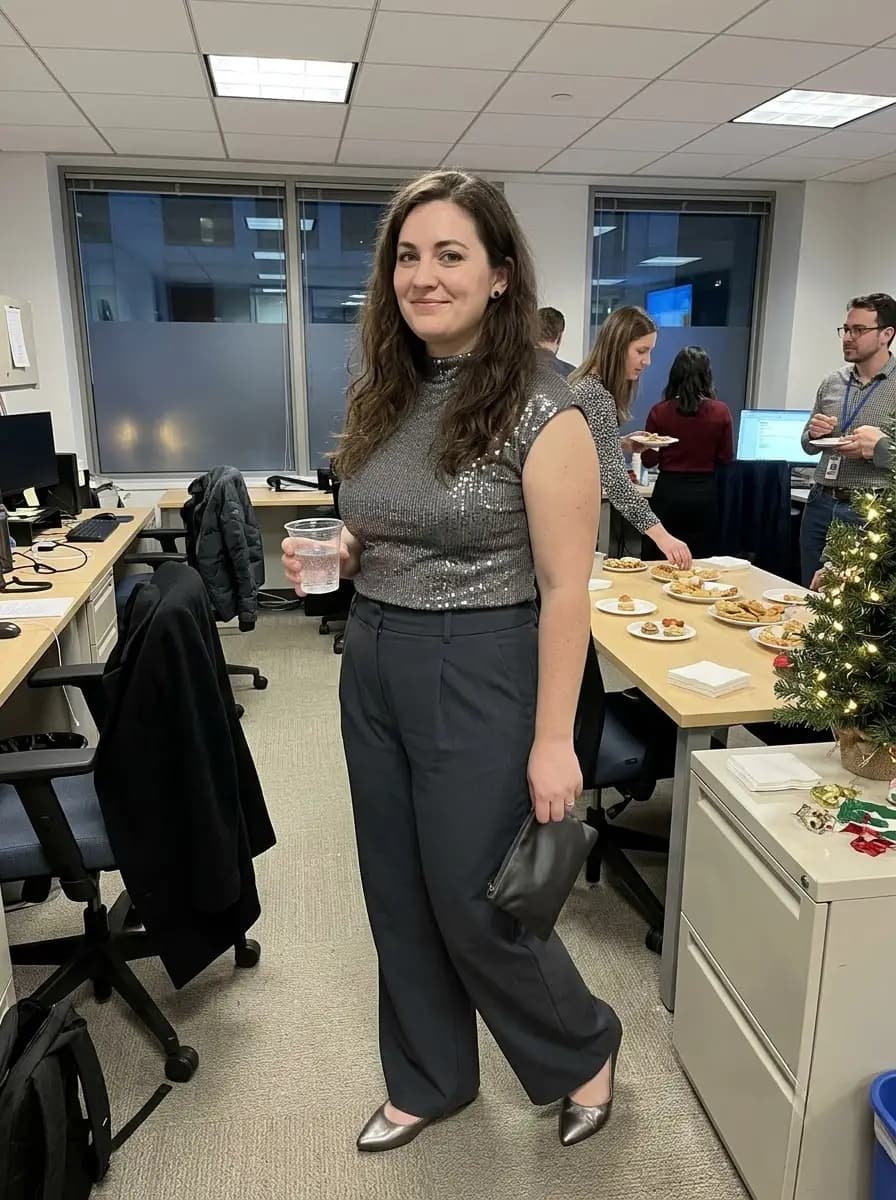 Silver Sequin Top with Charcoal Wide-Leg Trousers