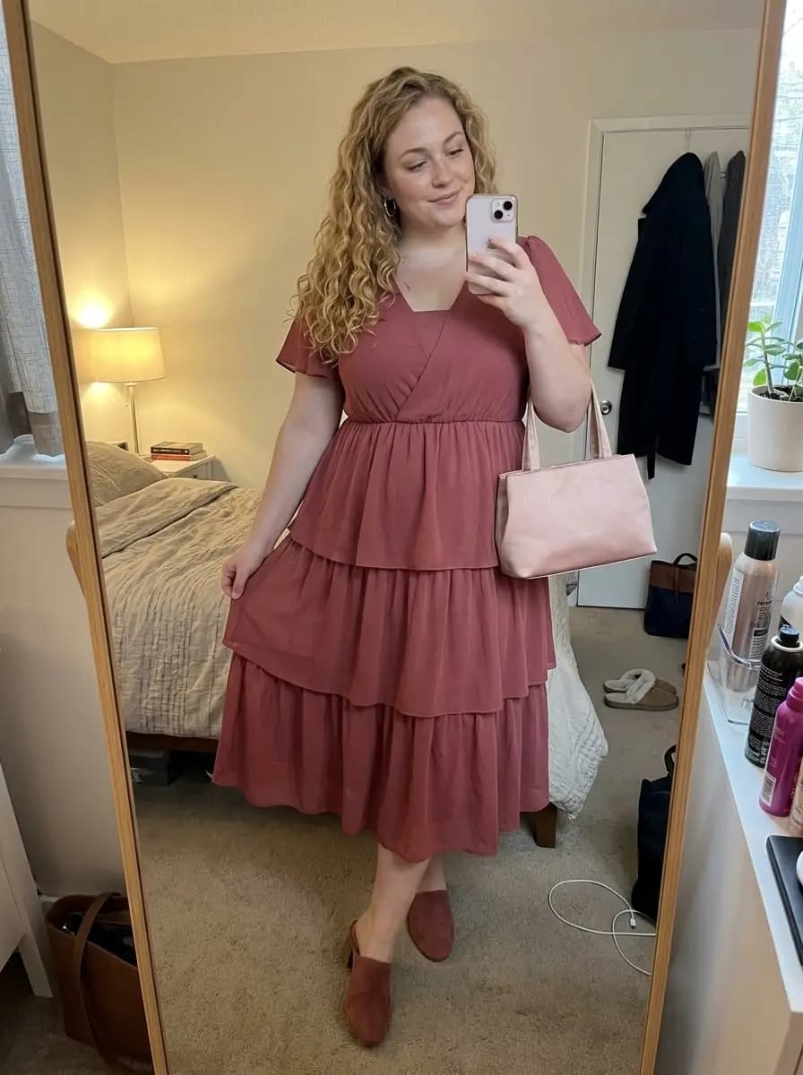 Dusty Rose Tiered Midi Dress with Flutter Sleeves