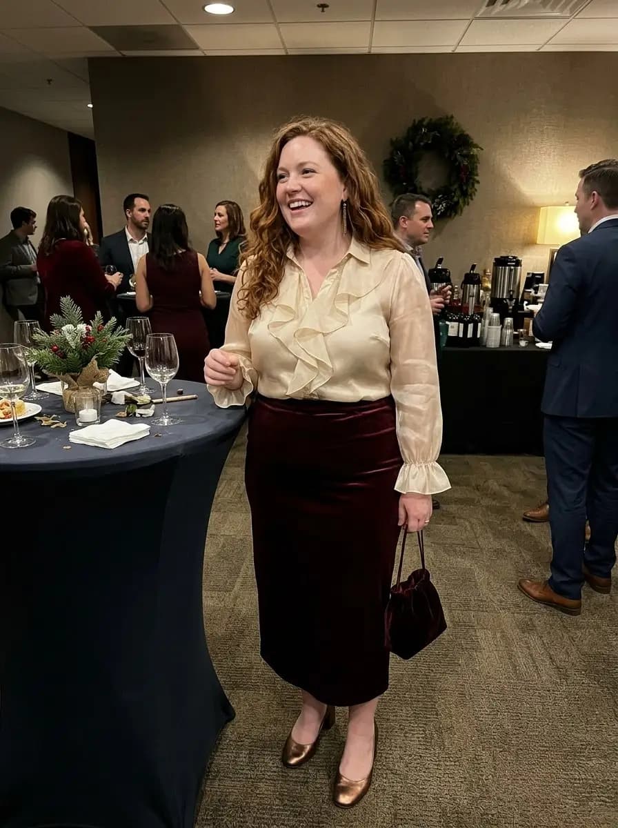 Ivory Ruffle Blouse with Burgundy Velvet Midi Skirt