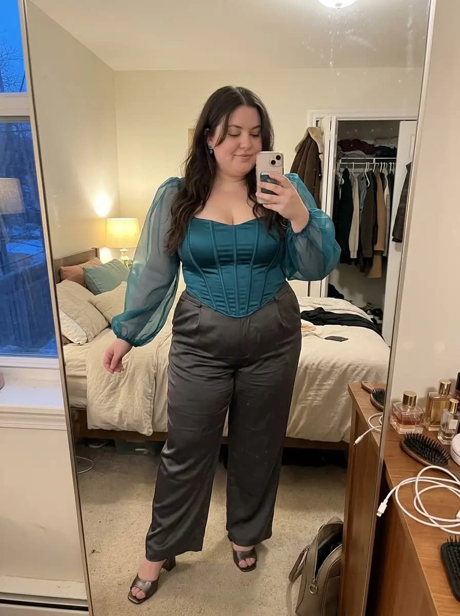 Teal Corset Top with Charcoal Satin Wide-Leg Pants