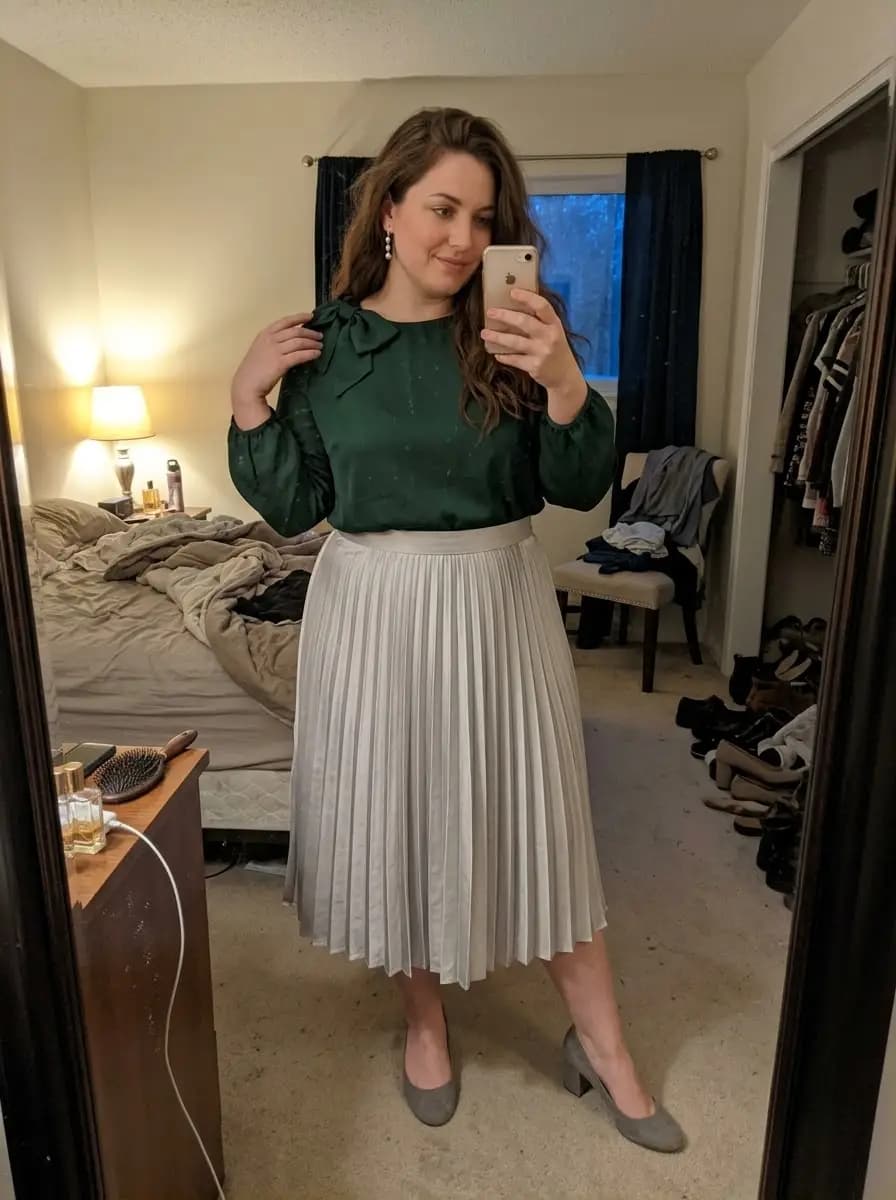 Forest Green Bow Blouse with Silver Pleated Midi Skirt