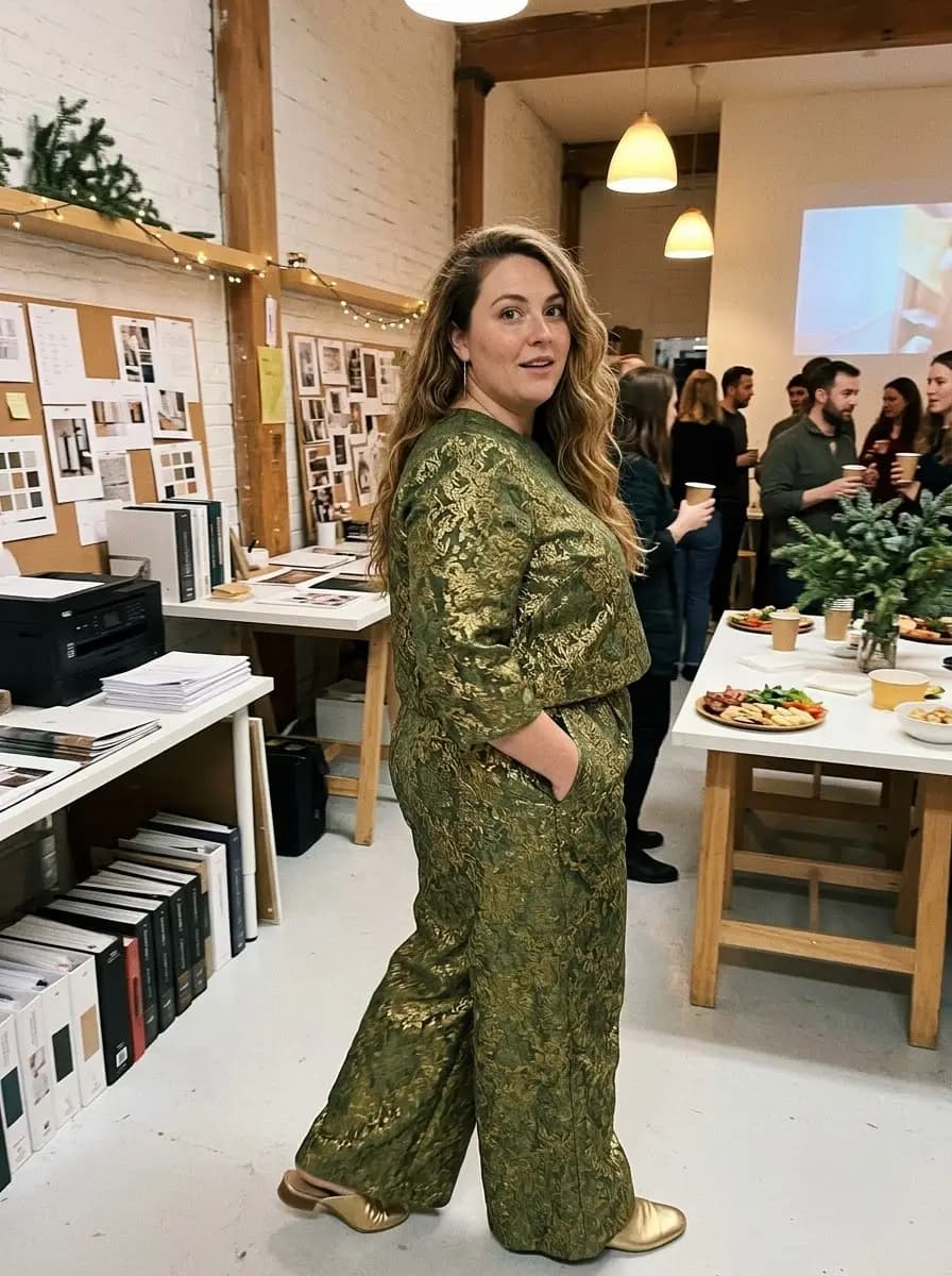 Olive Brocade Top with Matching Wide-Leg Pants