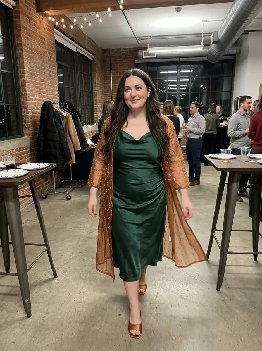 Emerald Satin Dress with Embellished Sheer Duster