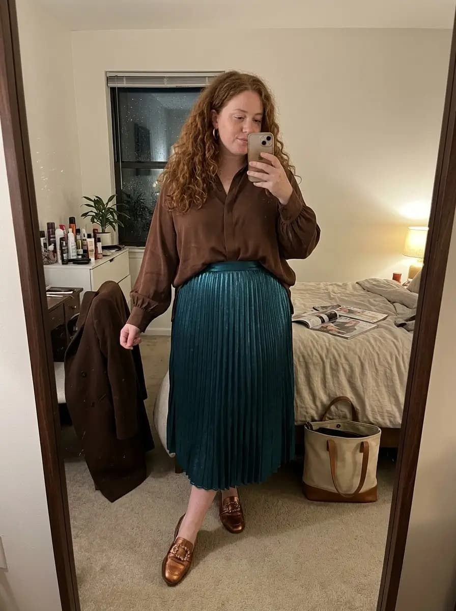 Brown Blouse with Teal Pleated Midi Skirt