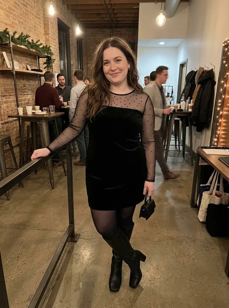 Black Velvet Mini Dress with Sheer Dot Sleeves