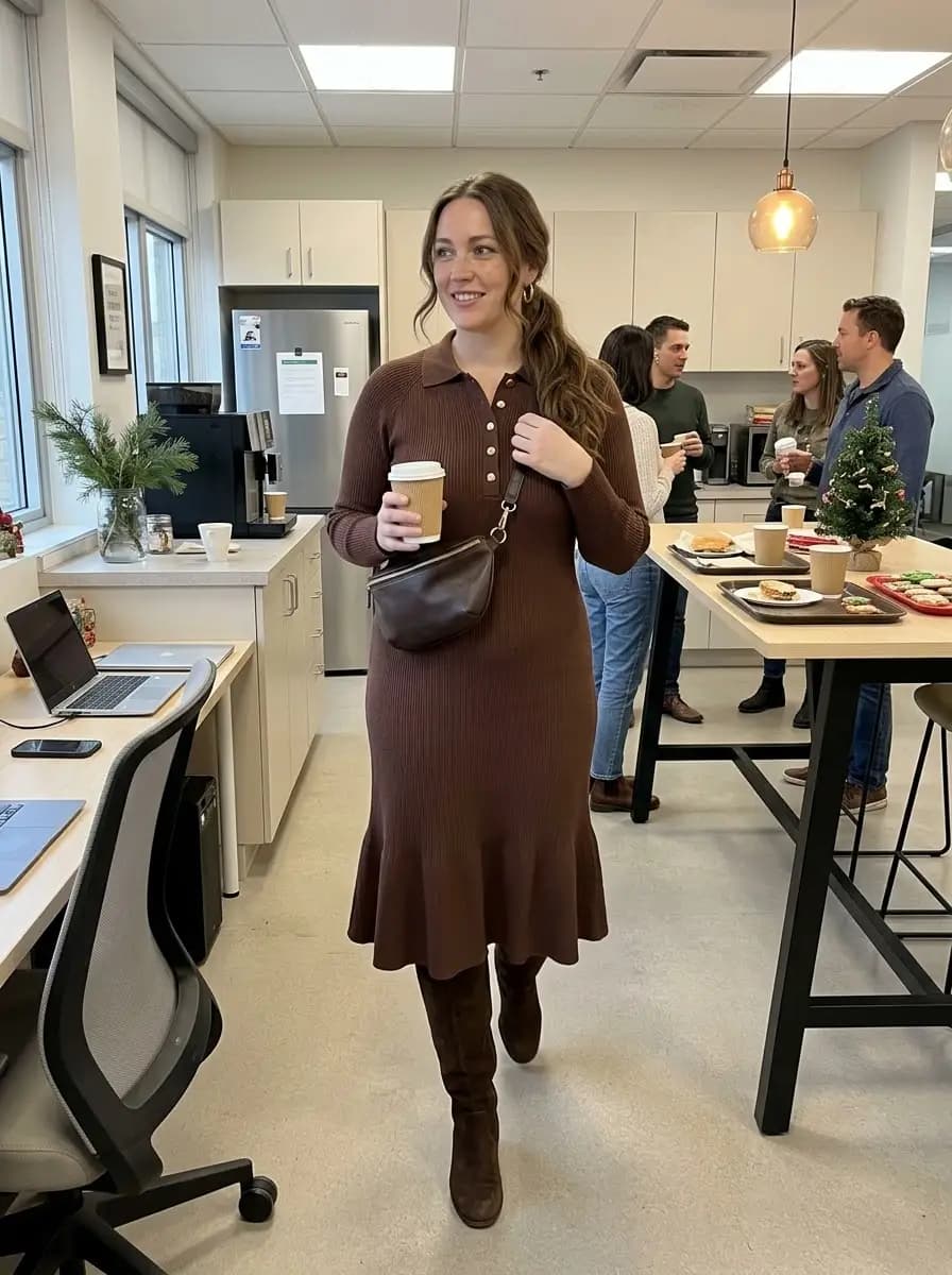 Chocolate Brown Ribbed Polo Dress with Knee-High Boots