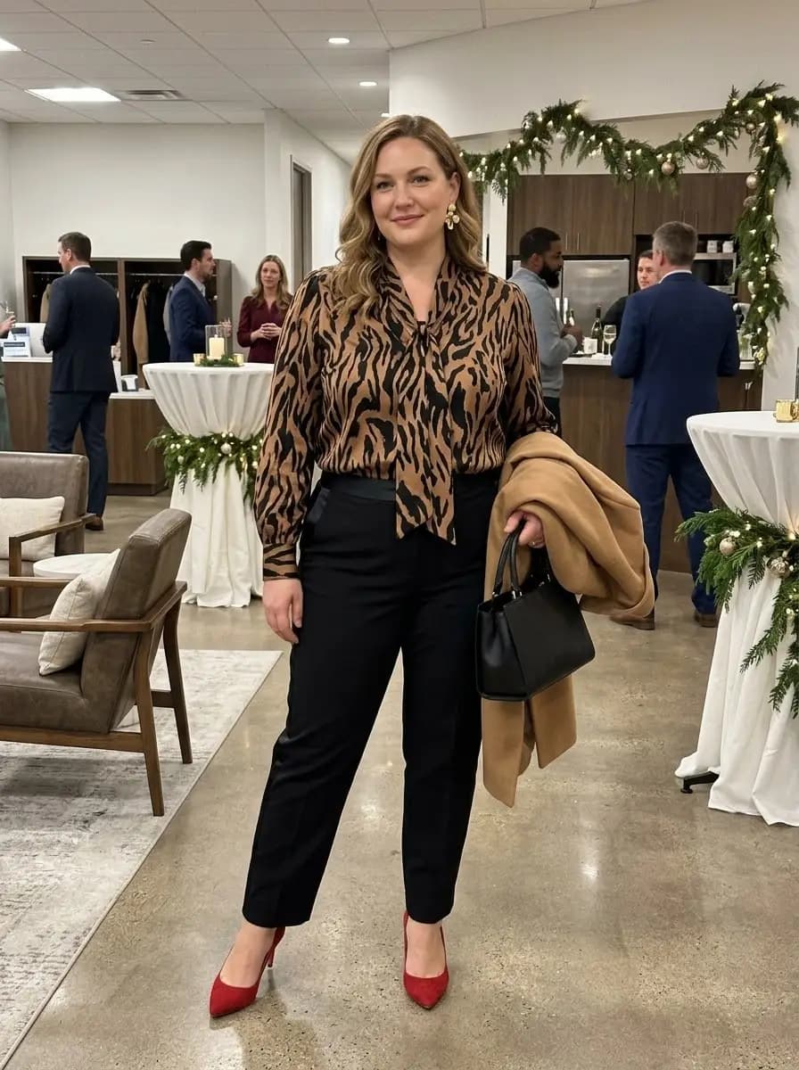 Brown Tiger Print Bow-Neck Blouse