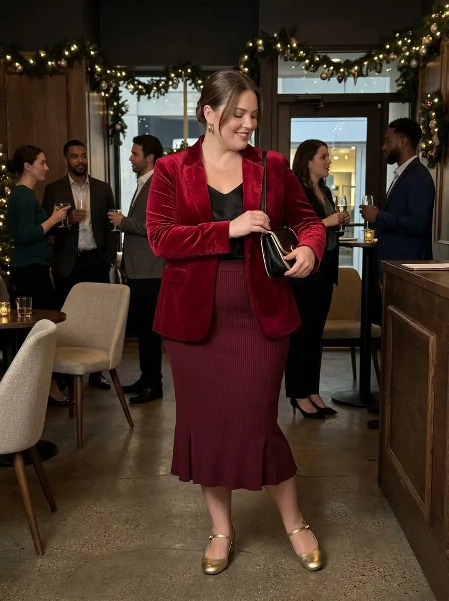 Red Velvet Blazer with Burgundy Ribbed Knit Skirt