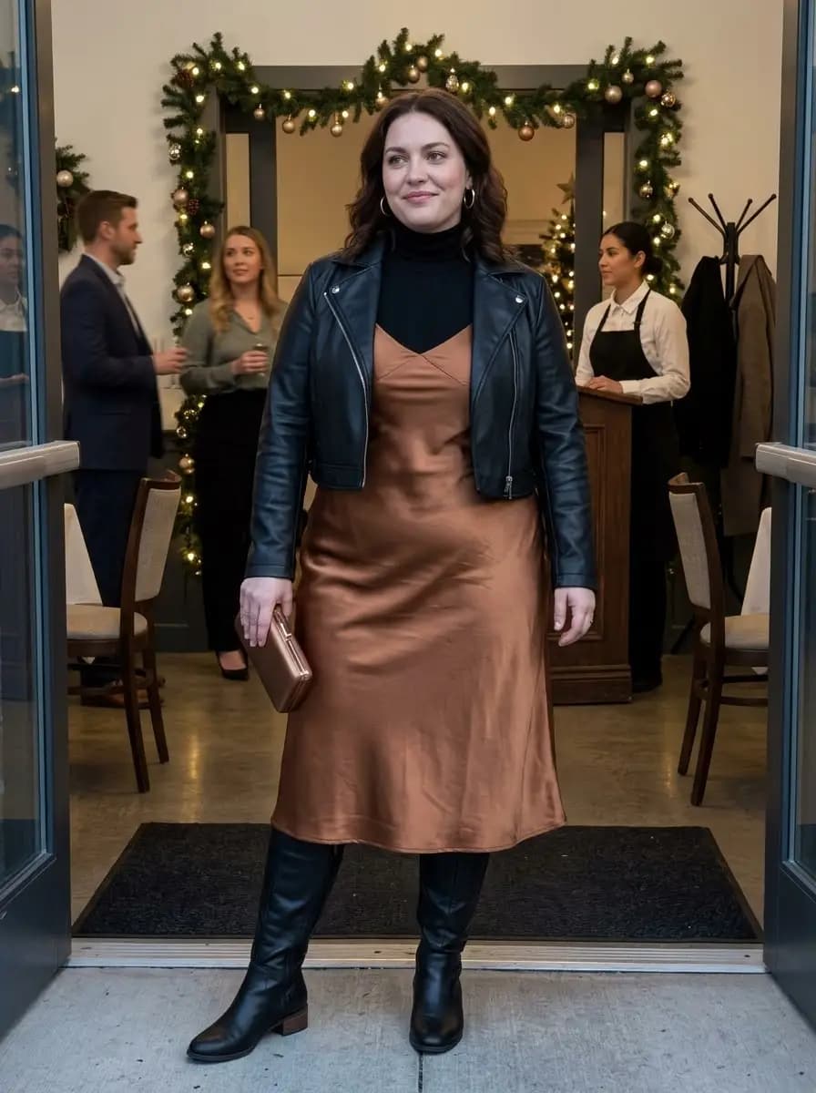 Black Turtleneck and Brown Satin Slip Dress with Leather Jacket