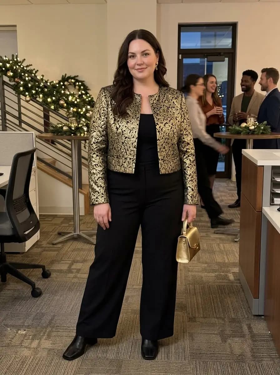 Gold Brocade Jacket with Black Wide-Leg Pants