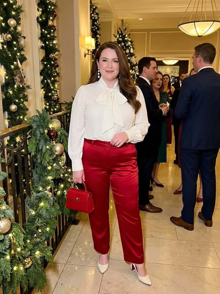 Cream Bow-Neck Blouse with Red Satin Pants