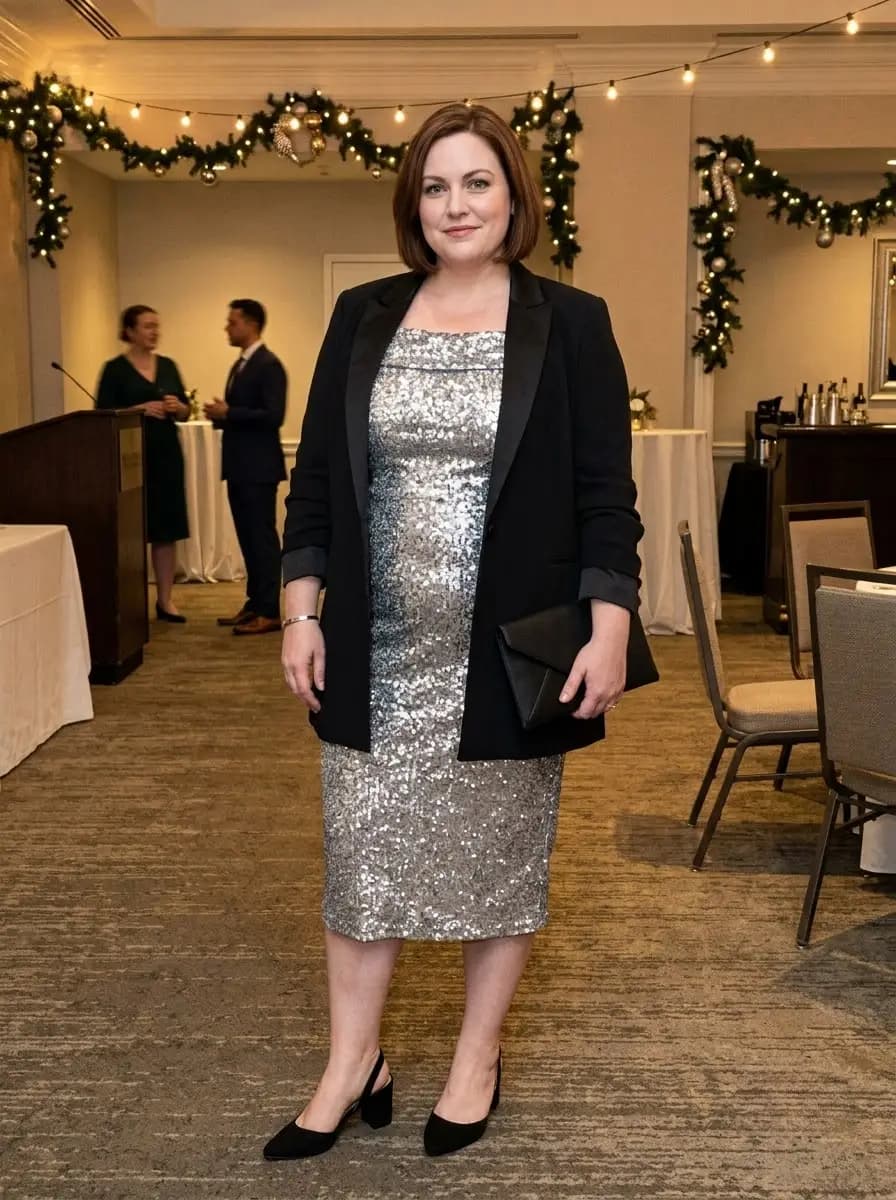 Black Blazer with Silver Sequin Sheath Dress