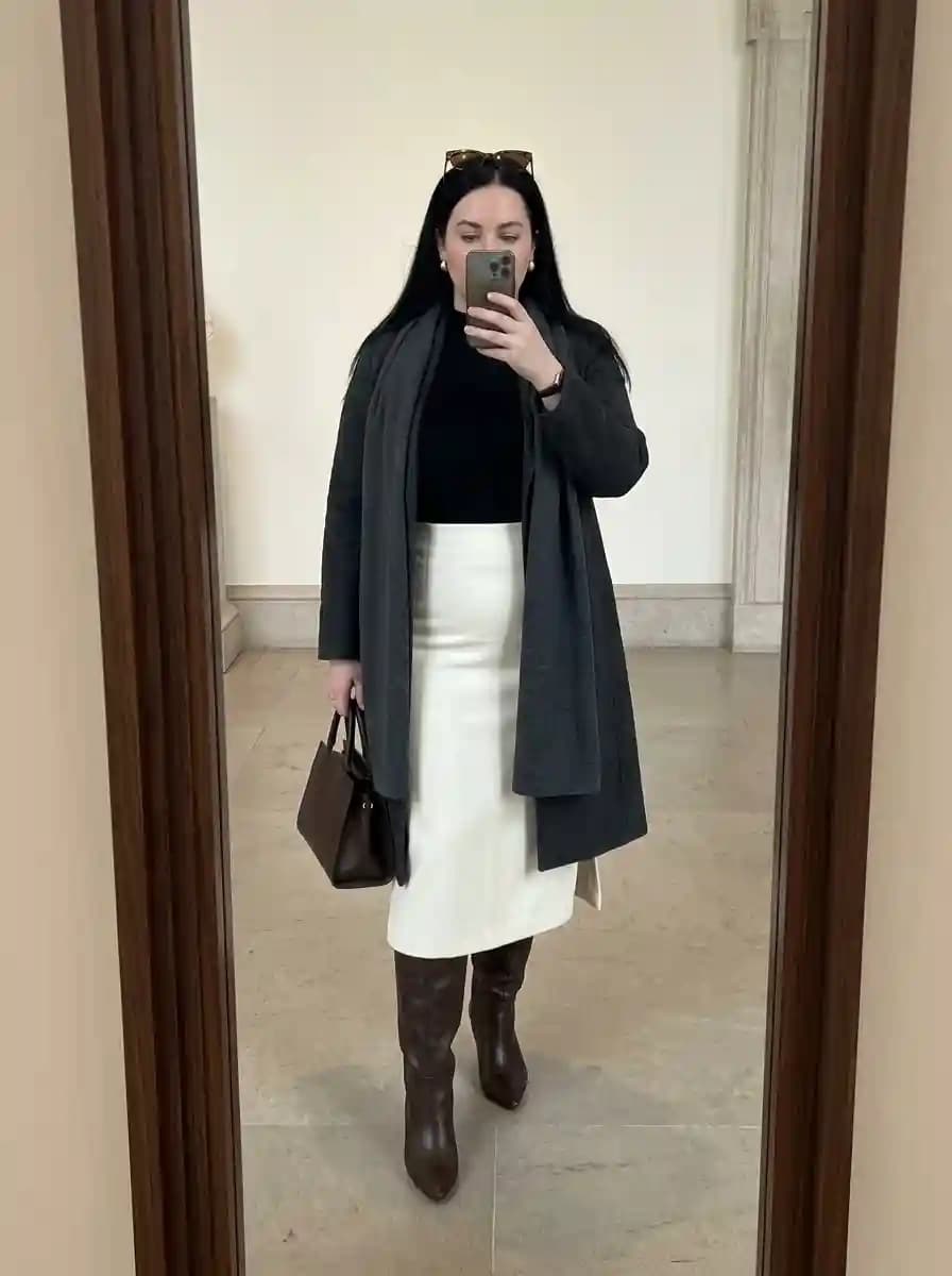 Black Turtleneck with Ivory Midi Skirt and Charcoal Coat