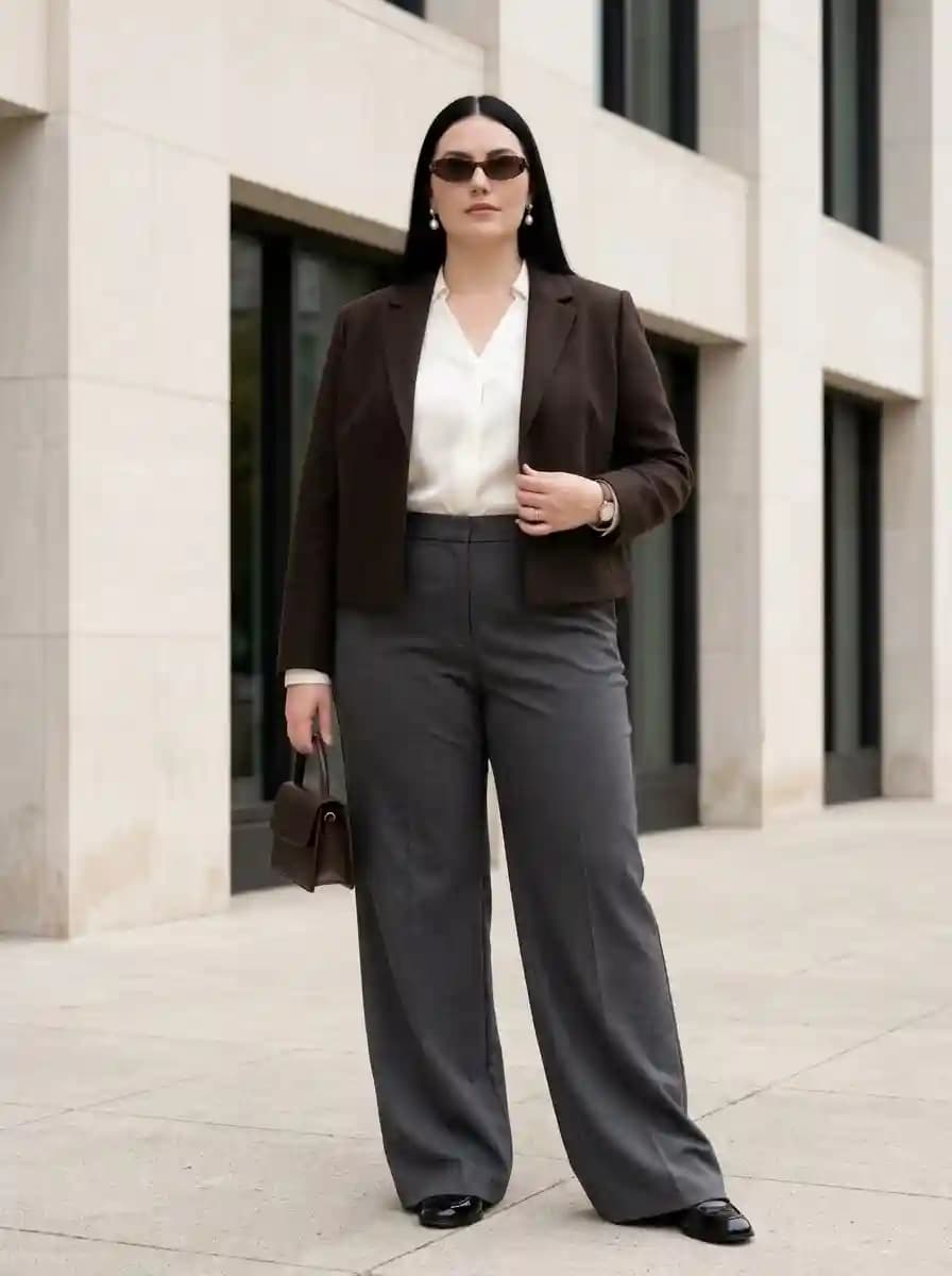 White Blouse with Grey Wide-Leg Trousers and Chocolate Blazer