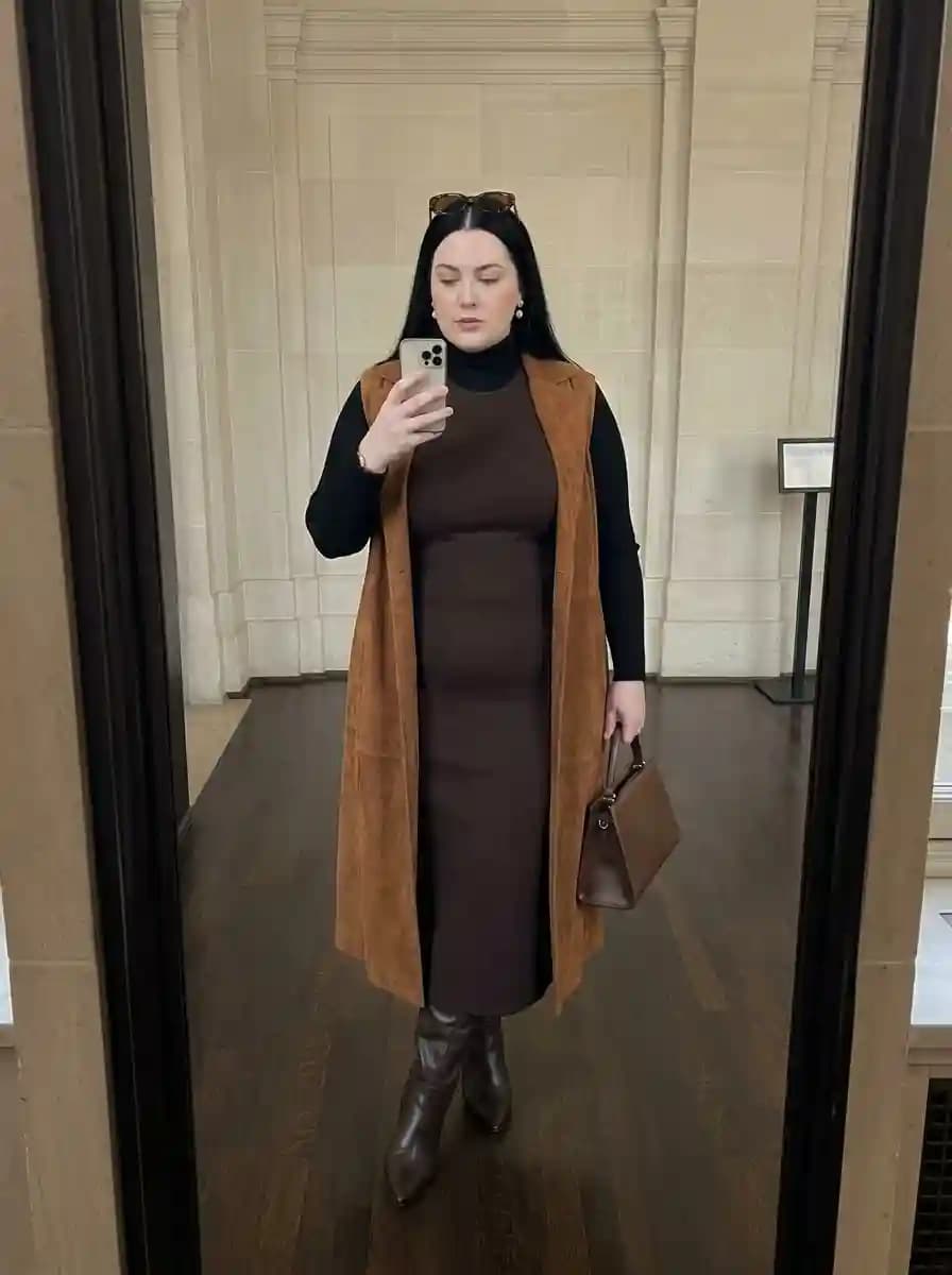 Chocolate Column Dress with Black Turtleneck and Suede Long Vest
