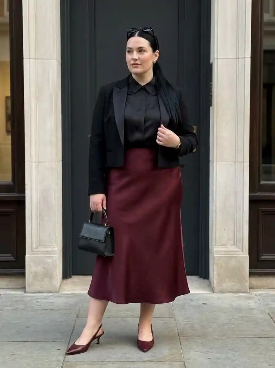 Black Blouse with Burgundy Satin Skirt and Cropped Blazer