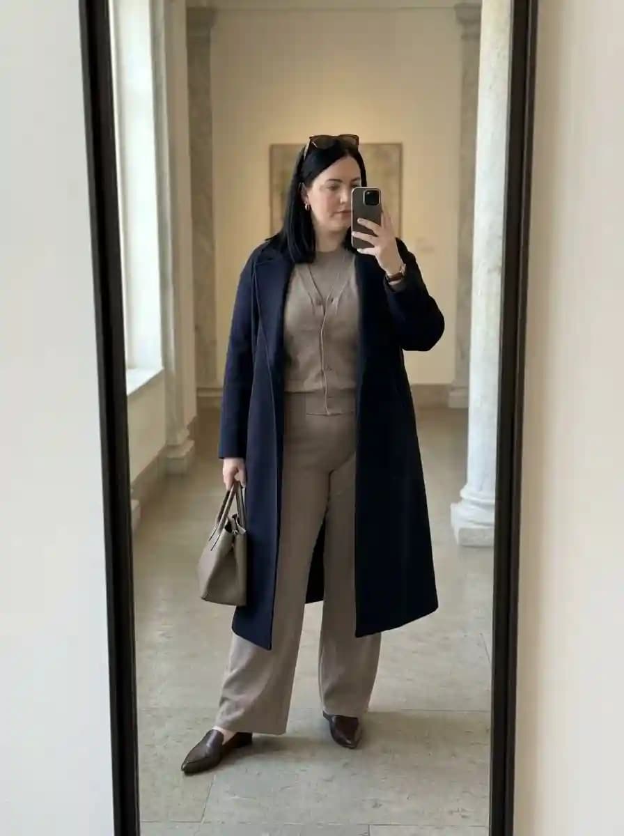 Taupe Knit Set with Navy Long Coat