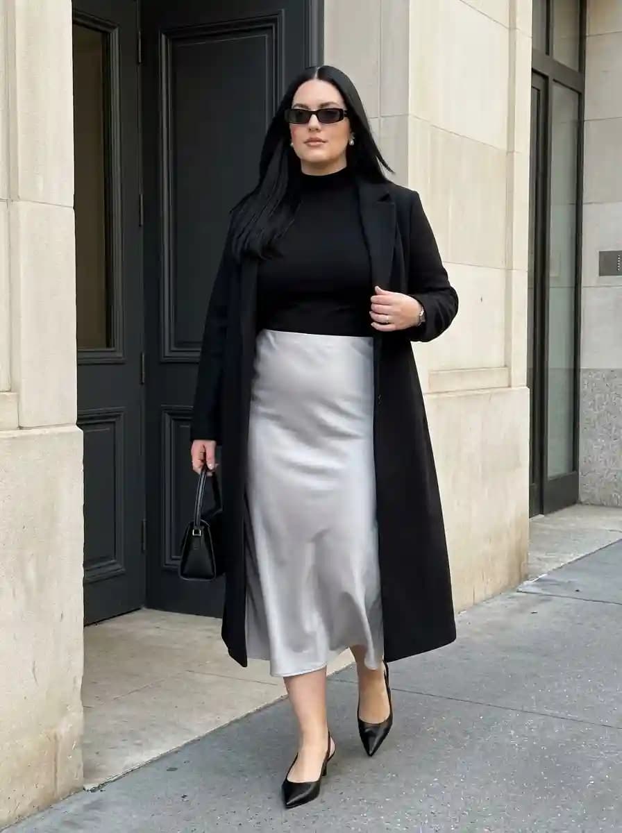 Black Turtleneck with a Silver Satin Midi Skirt and Long Coat