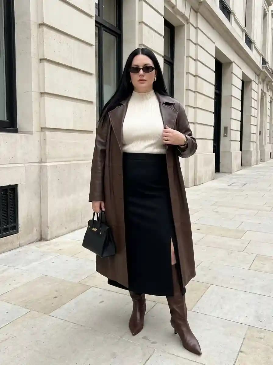 Cream Turtleneck with Black Midi Skirt and Chocolate Leather Coat