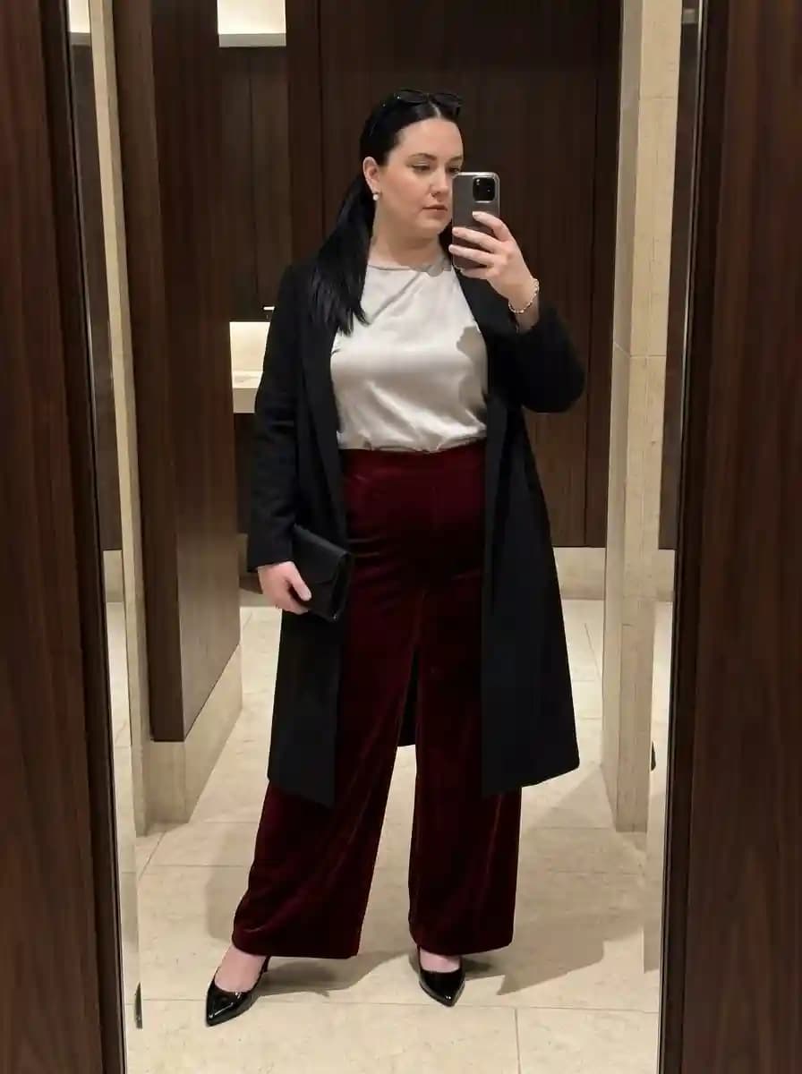 Cream Blouse with Burgundy Wide-Leg Trousers and Black Coat