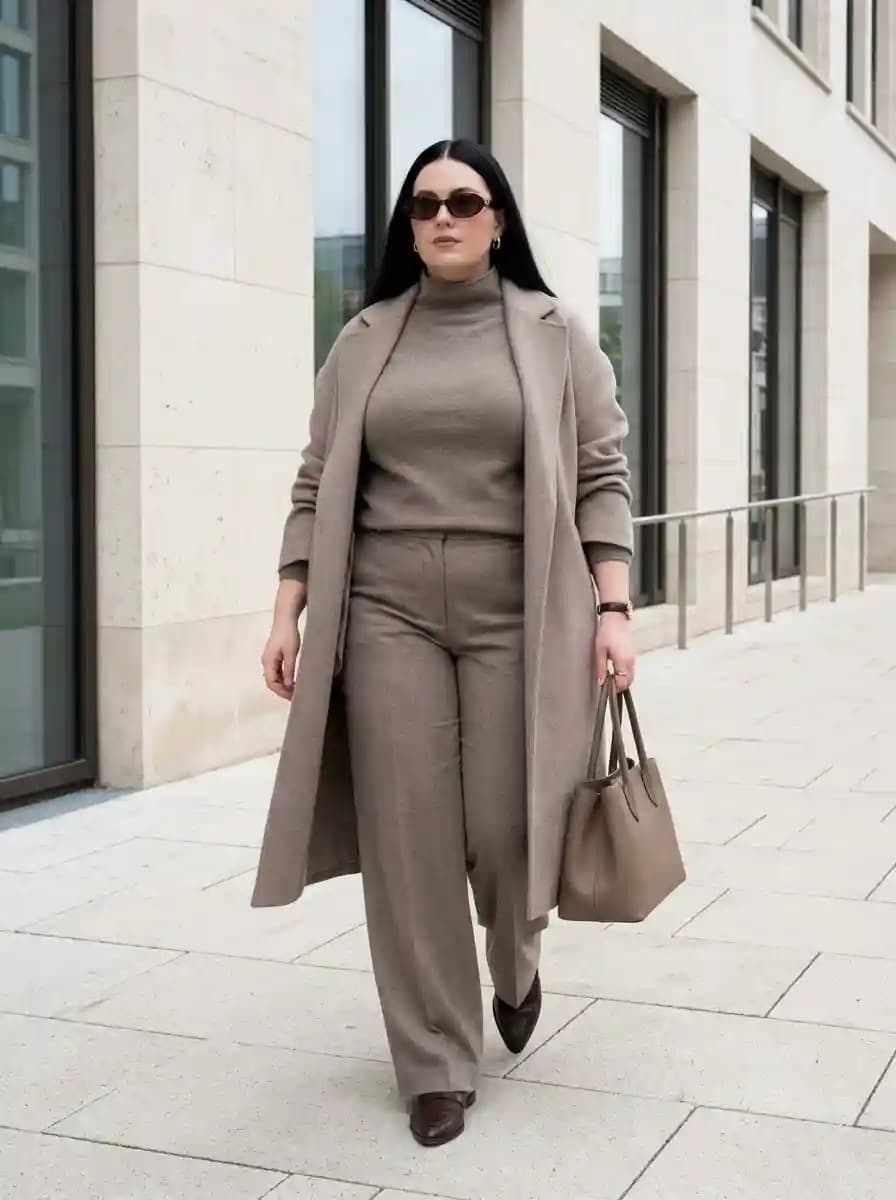 Taupe Turtleneck with Matching Trousers and Long Coat