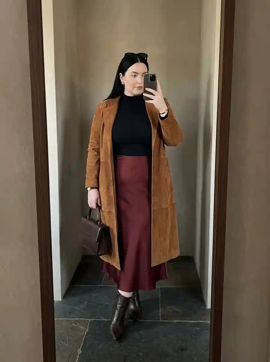Black Turtleneck with Burgundy Satin Skirt and Camel Suede Coat
