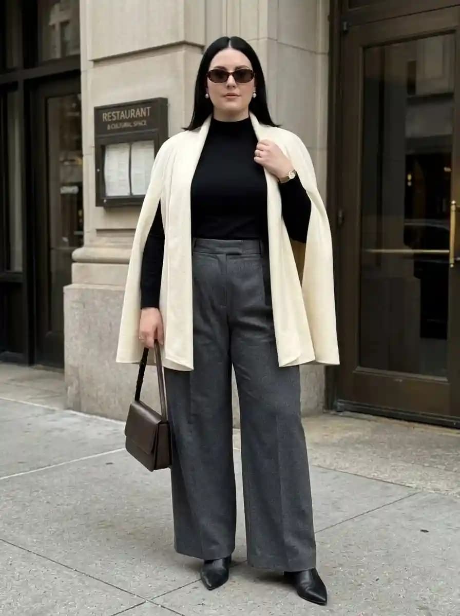 Black Turtleneck with Grey Wide-Leg Trousers and Cream Cape