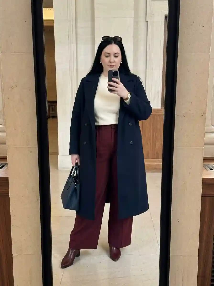 Cream Knit with Burgundy Wide-Leg Trousers and a Navy Coat