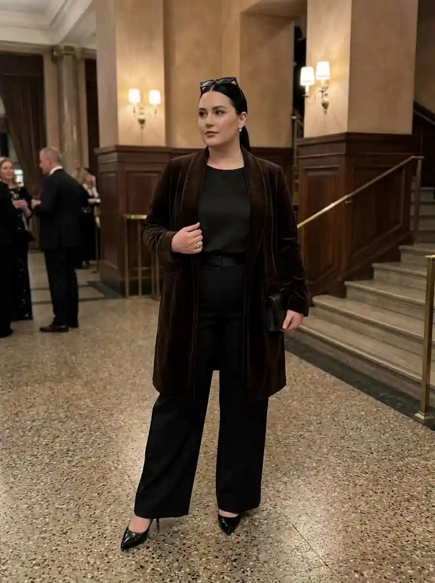 Black Wide-Leg Trousers with a Chocolate Velvet Coat