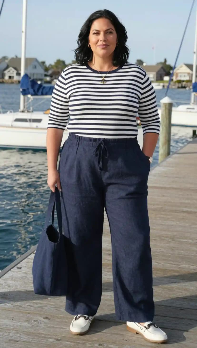 Navy Striped Long Sleeve Top + Navy Wide Leg Pants + White Loafers