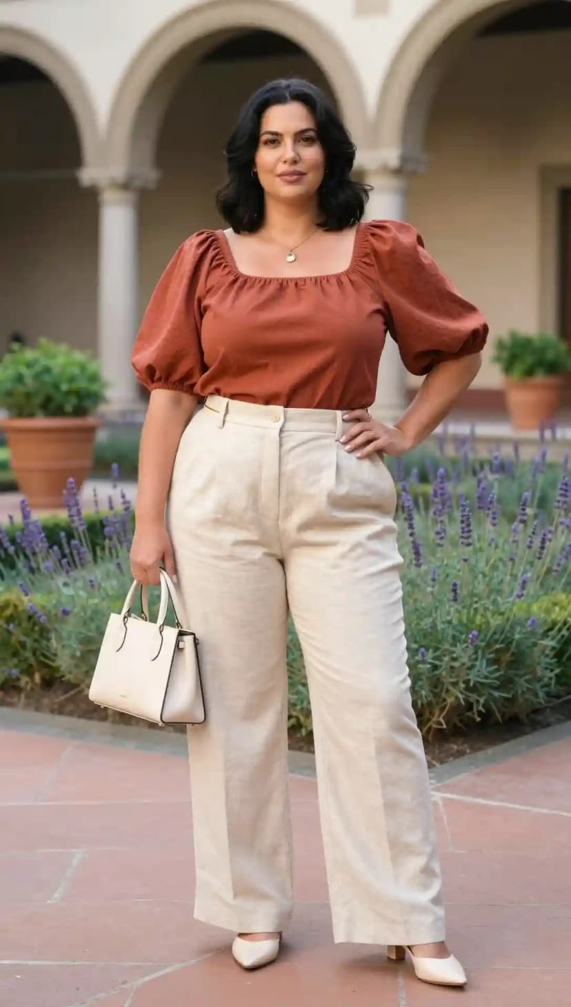 Rust Square Neck Puff Sleeve Top + Cream Linen Wide-Leg Trousers + Nude Pointed-Toe Heels