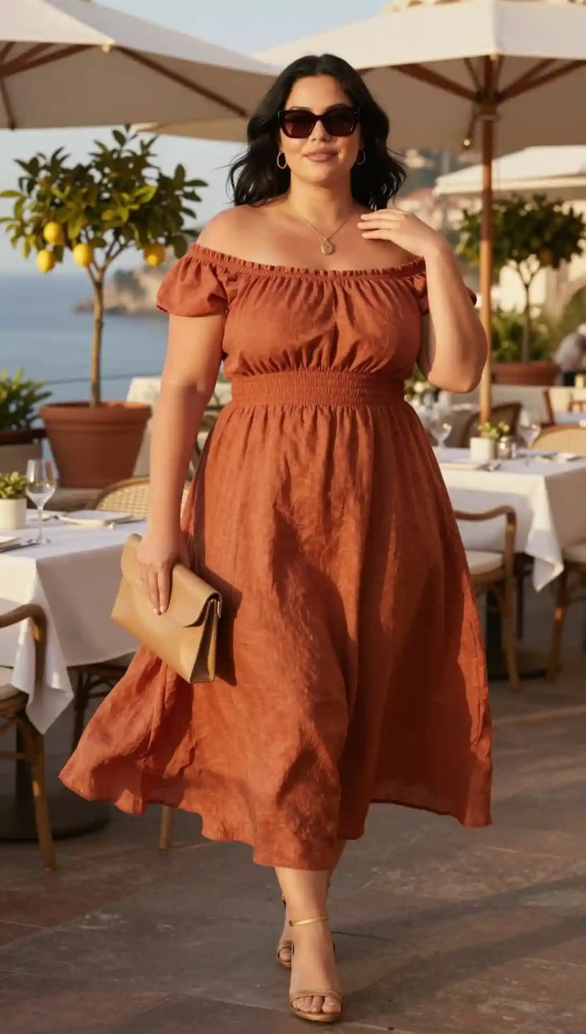Rust Off-the-Shoulder Smocked Midi Dress + Tan Clutch + Gold Strappy Heels
