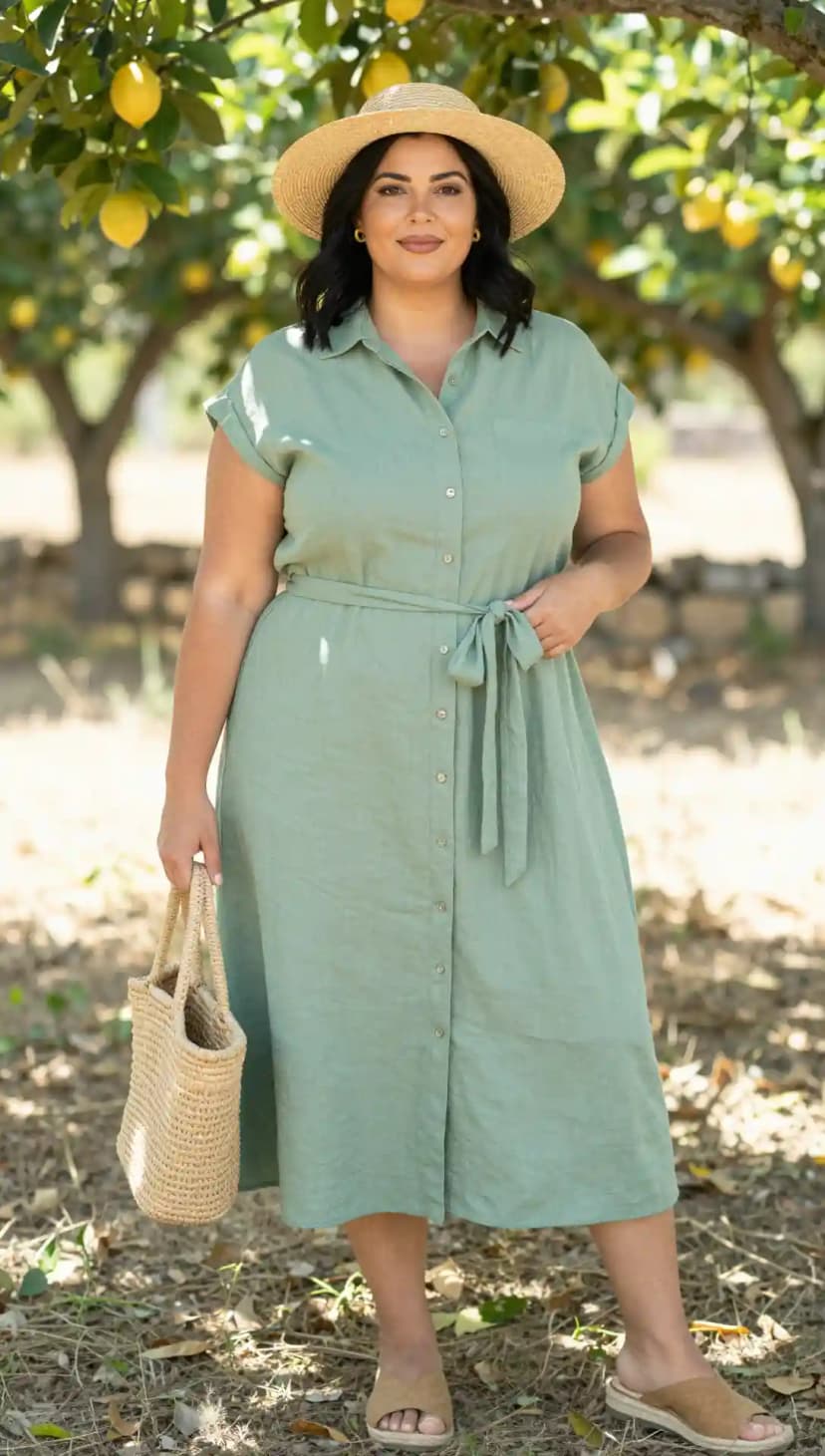 Sage Green Linen Midi Dress + Straw Hat + Woven Tote Bag