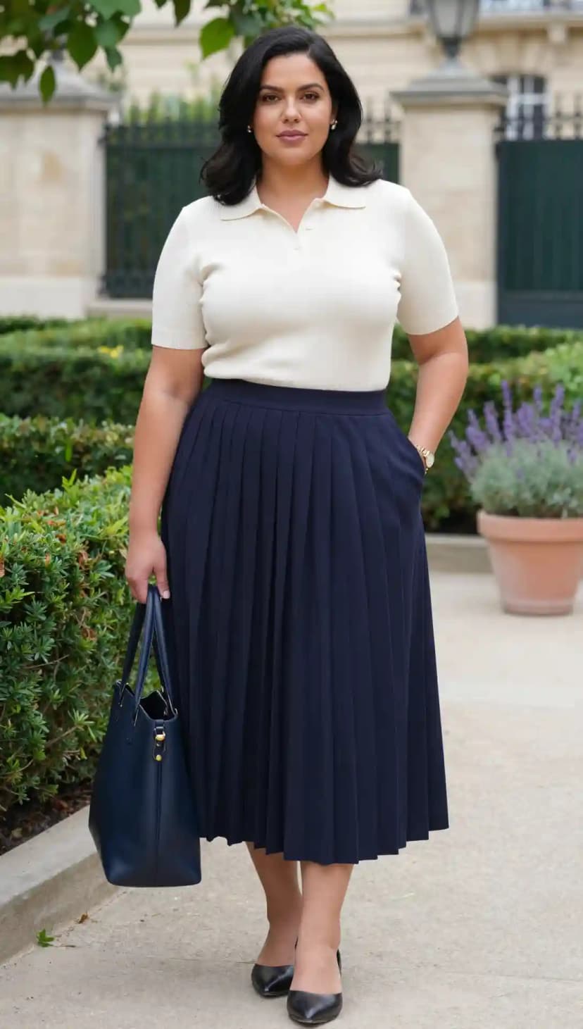 Cream Ribbed Polo Top + Navy Pleated Midi Skirt + Black Pointed Heels