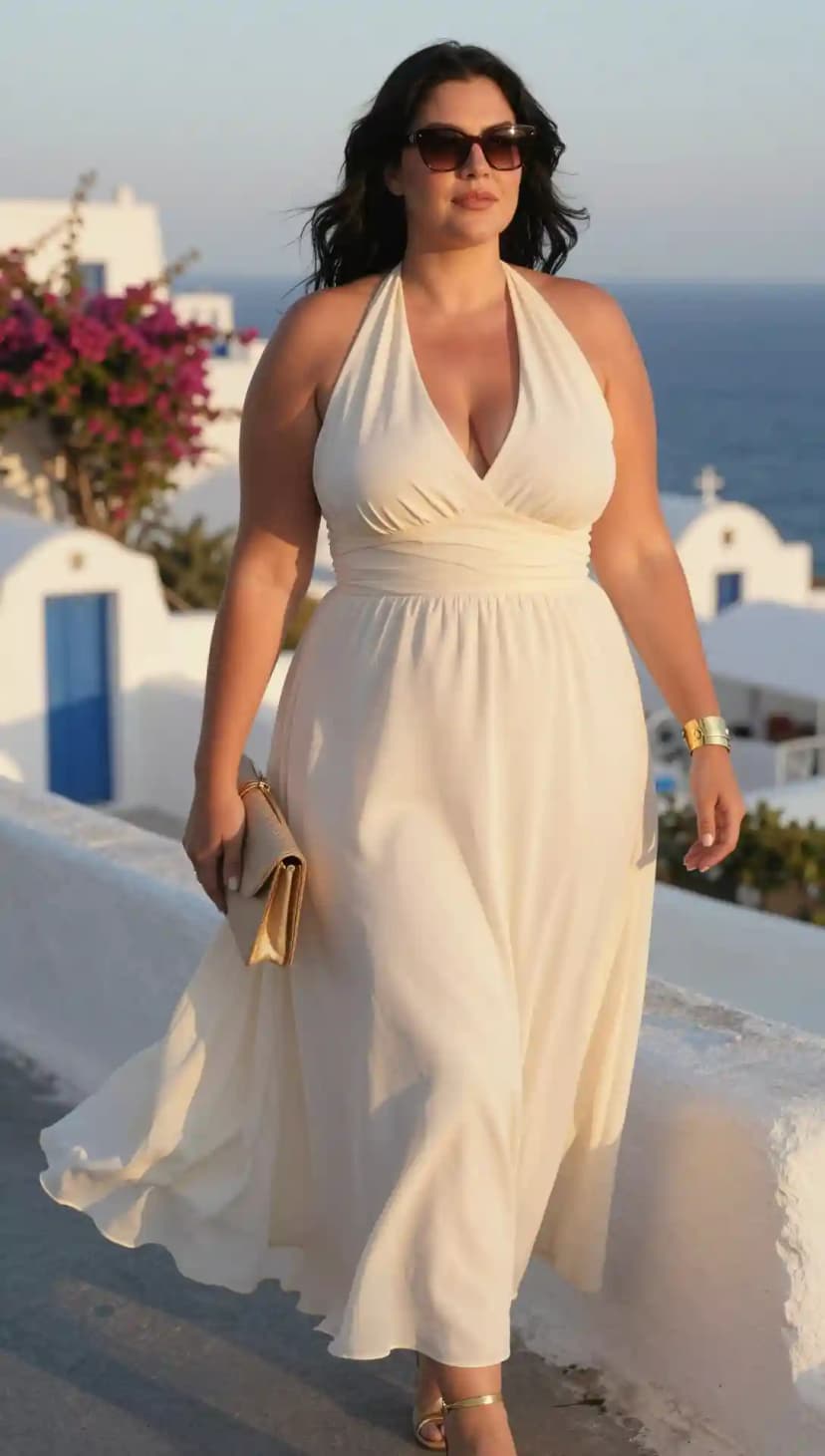 Cream Halter Neck Maxi Dress + Gold Clutch + Gold Strappy Heels