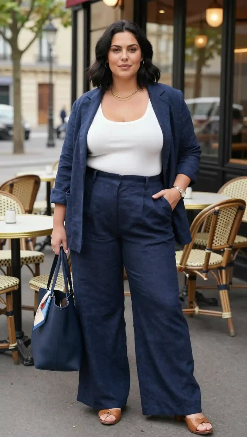 Navy Linen Blazer + White Ribbed Tank Top + Wide-Leg Linen Trousers