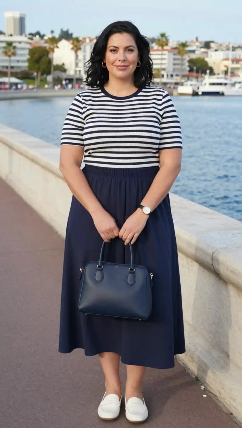 Navy Striped Top + Navy Midi Skirt + White Loafers