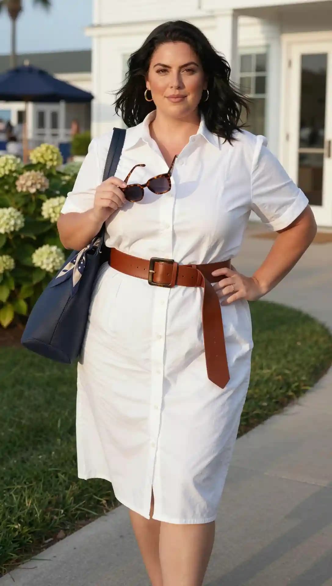 White Button-Down Shirt Dress + Brown Leather Belt + Navy Tote Bag