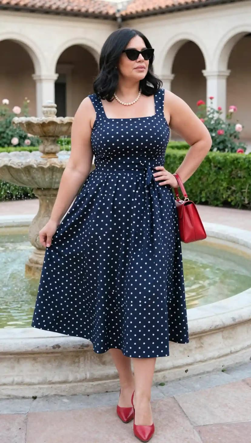 Navy Polka Dot Midi Dress + Red Pointed Heels + Red Structured Bag + Pearl Necklace