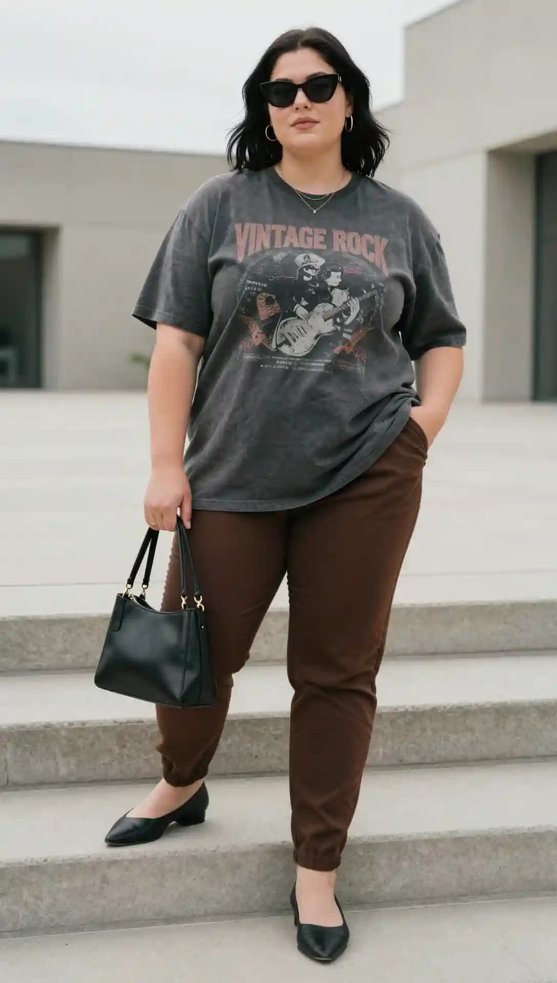 Dark Grey Vintage Rock Graphic Tee + Brown Tailored Trousers