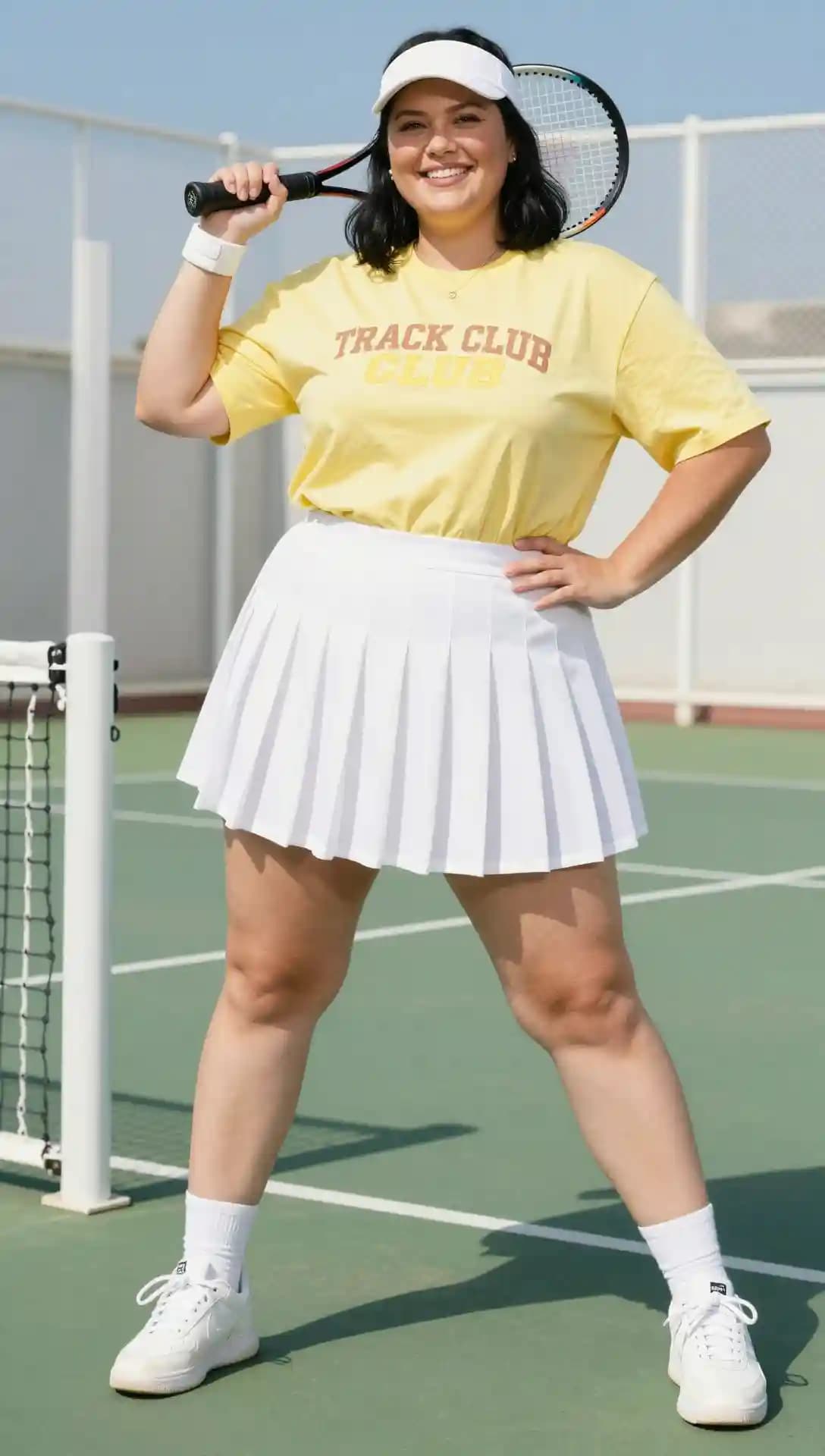 Yellow Graphic Tee + White Tennis Skirt