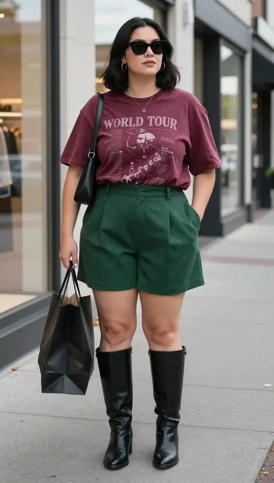 Burgundy Graphic Tee + Green Tailored Shorts