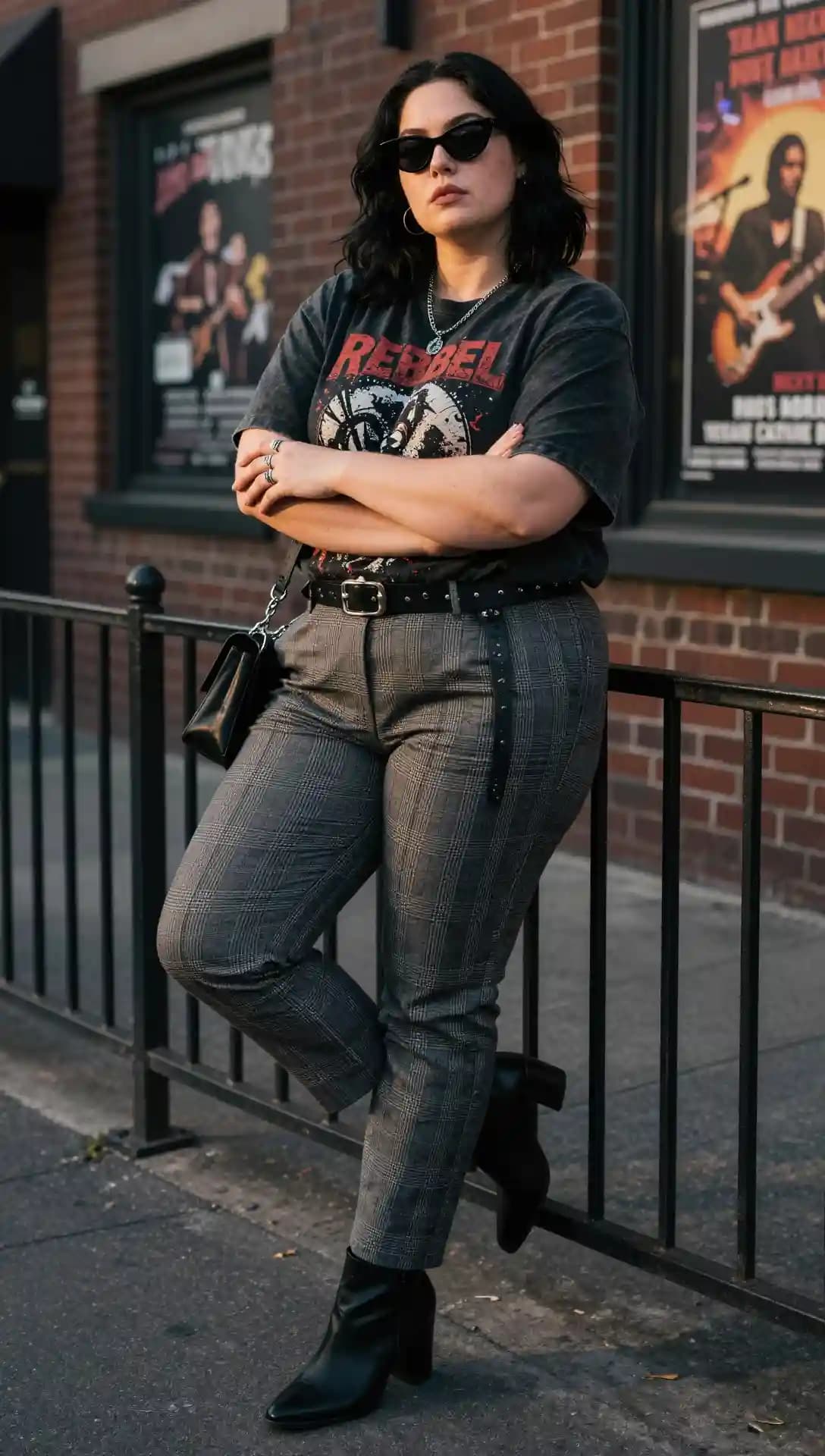 Dark Grey Graphic Tee + Grey Plaid Trousers