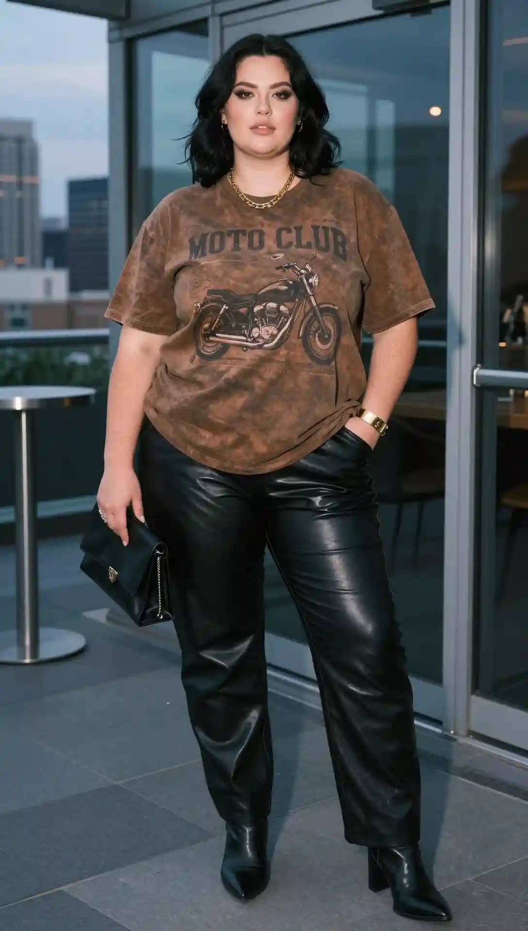 Brown Graphic Tee + Black Faux Leather Pants