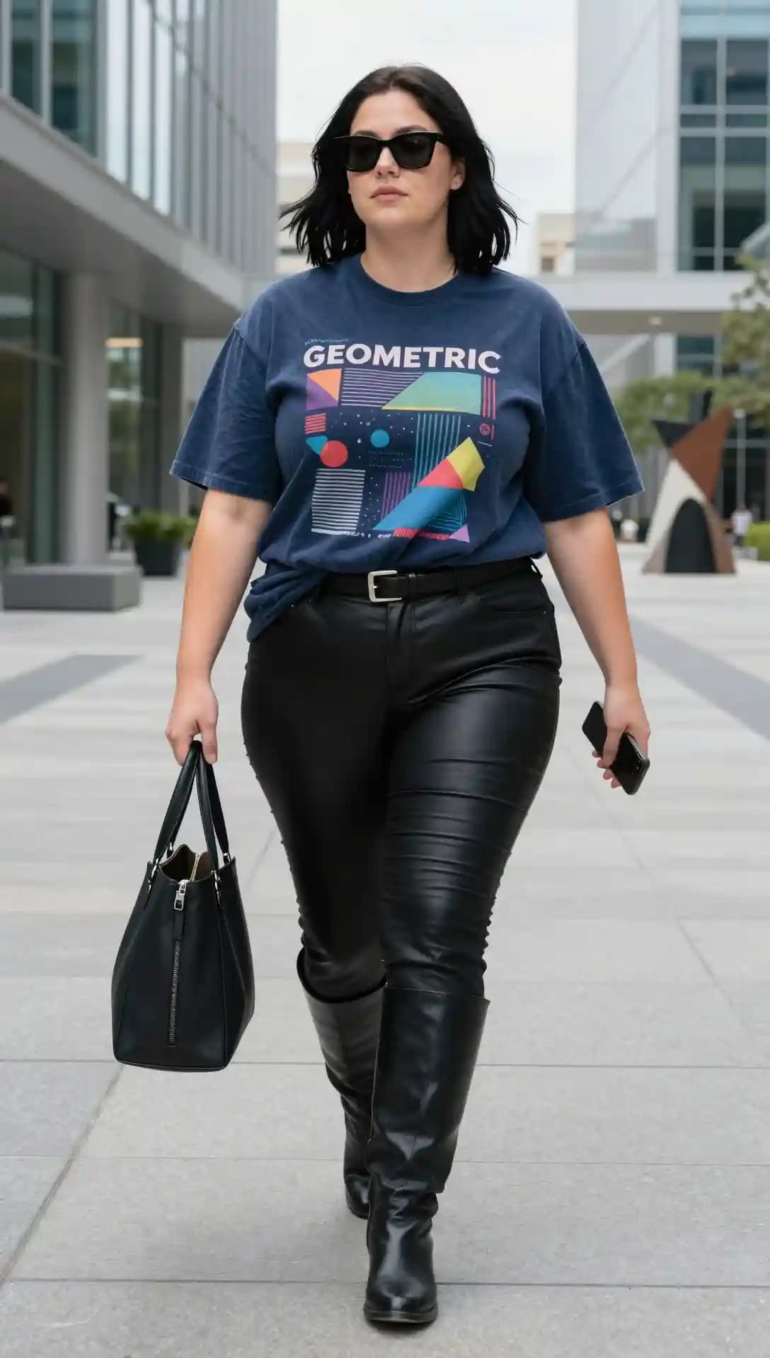 Navy Graphic Tee + Black Faux Leather Pants