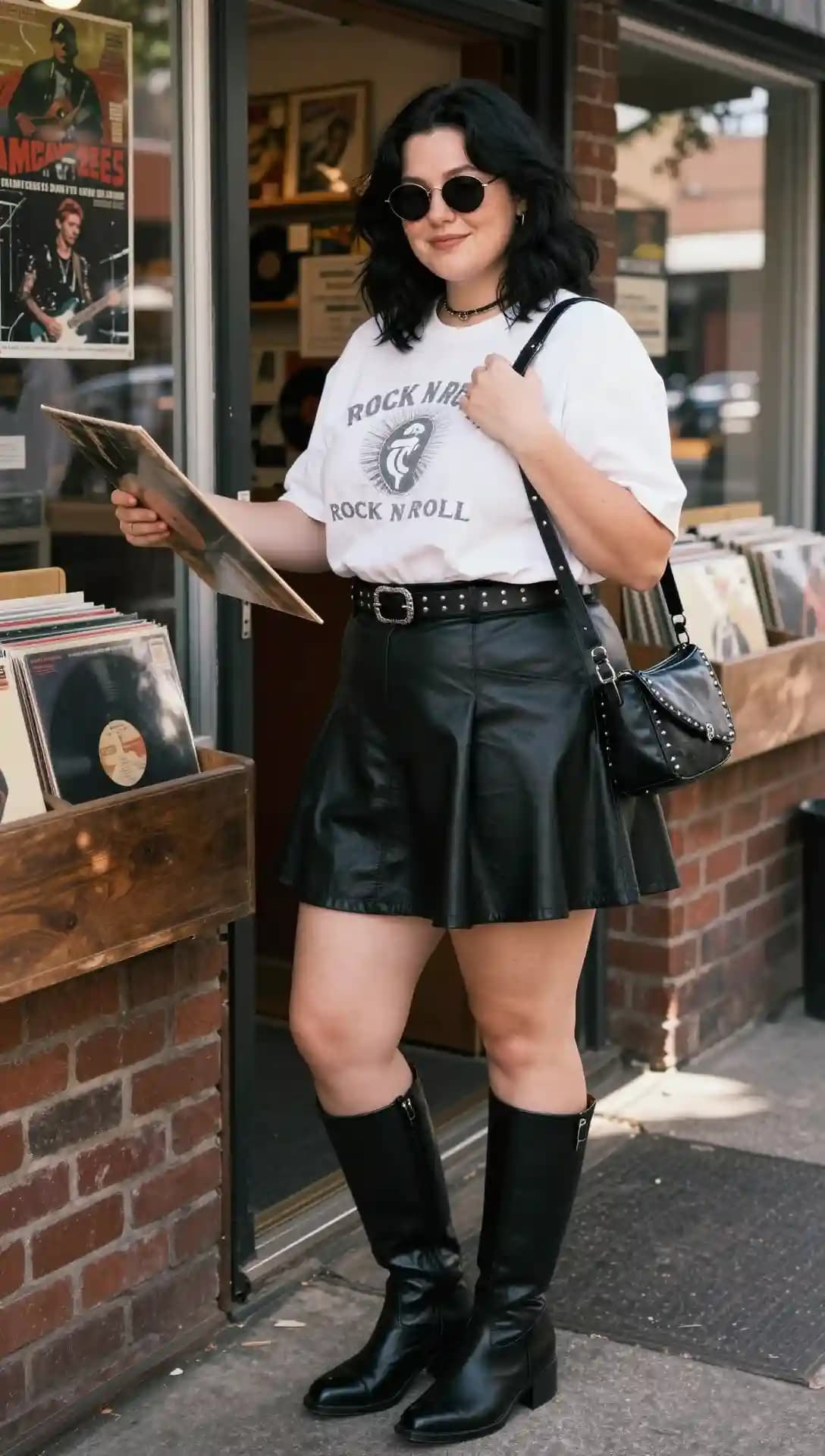 White Graphic Tee + Black Faux Leather Mini Skirt