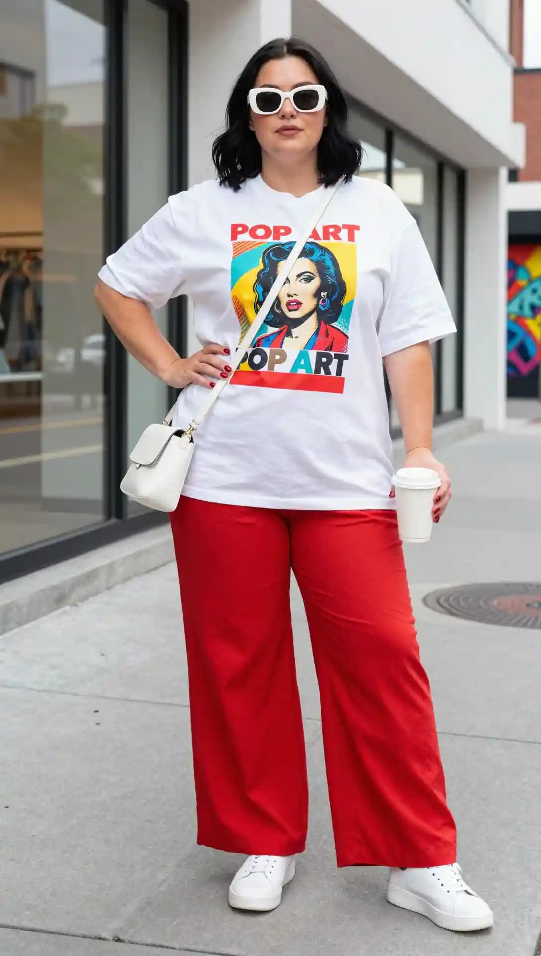 White Graphic Tee + Red Wide Leg Trousers