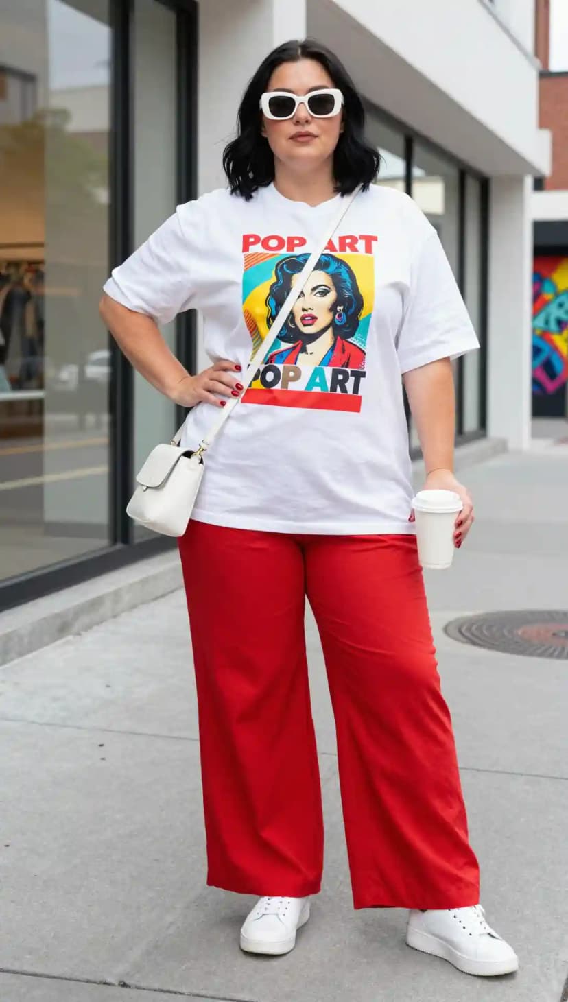 White Graphic Tee + Red Wide Leg Trousers