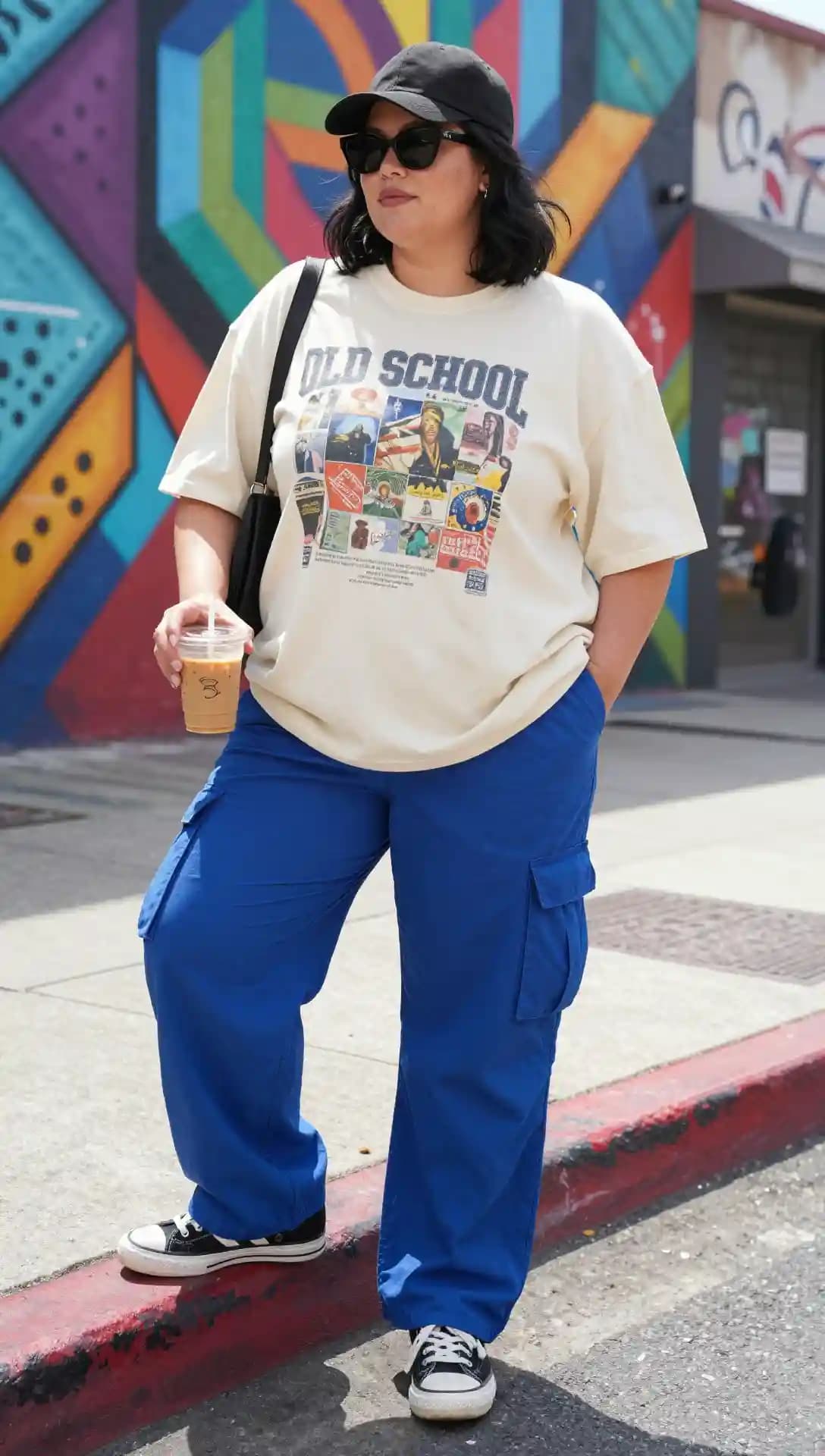 Cream Graphic Tee + Royal Blue Cargo Pants