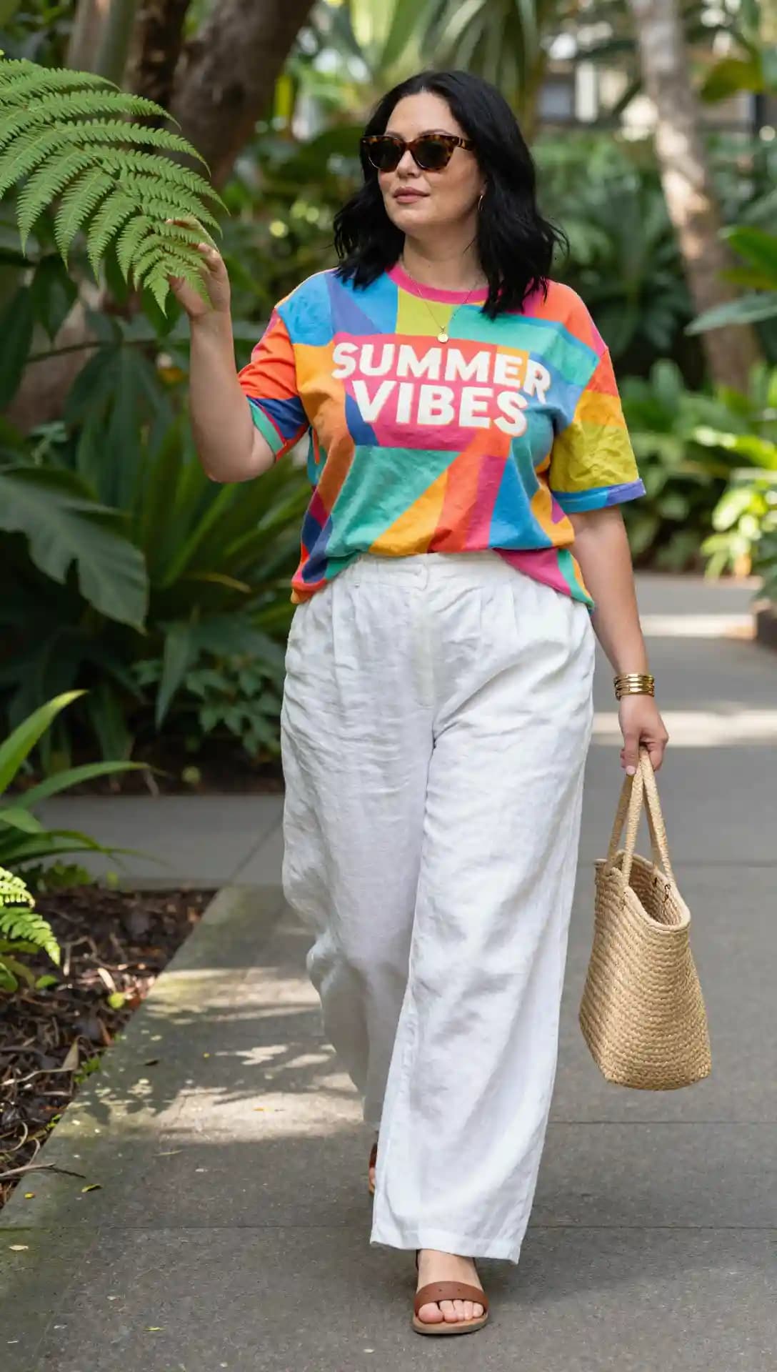 Multi-Colored Graphic Tee + White Linen Wide-Leg Pants